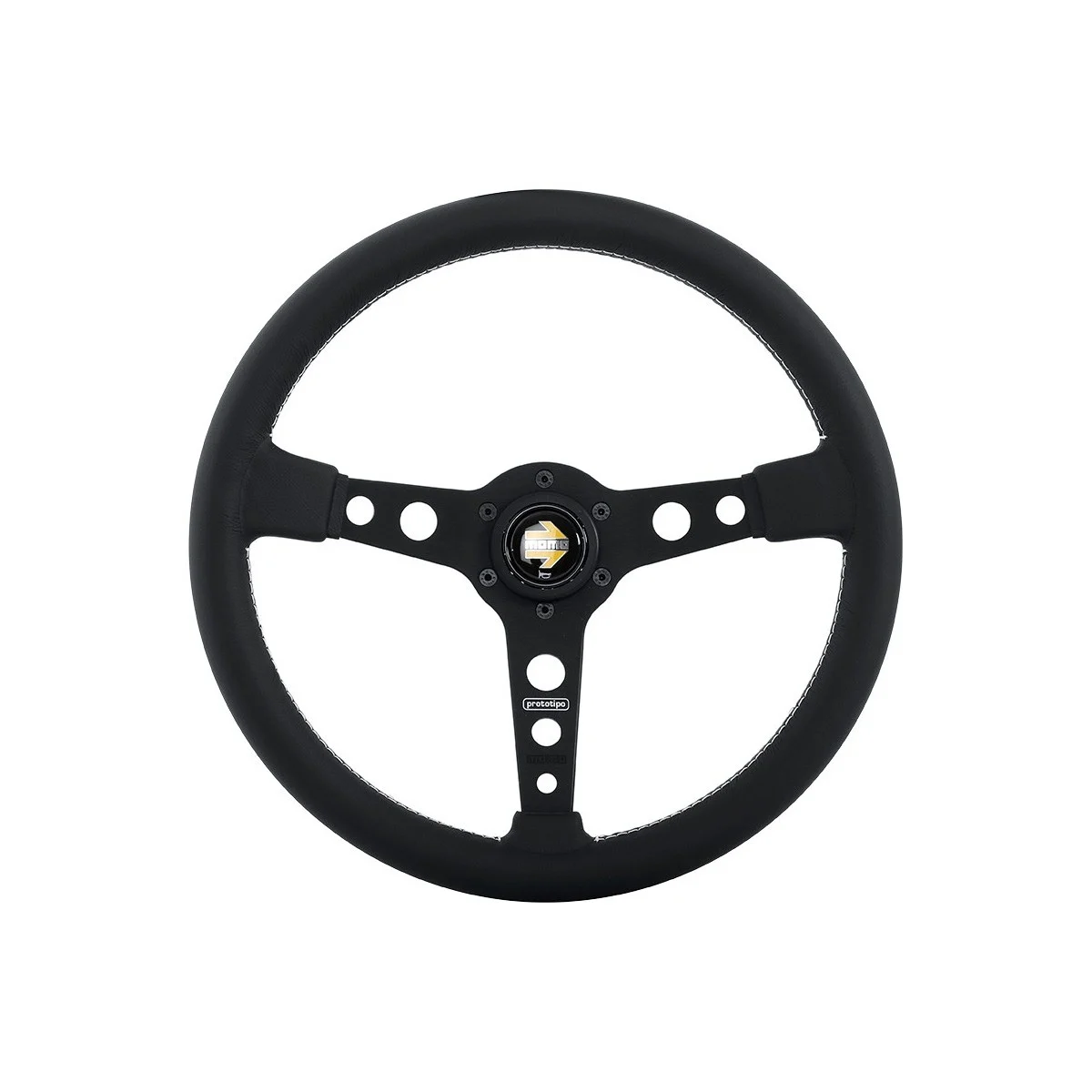 Momo - Prototipo 370mm Round Black Leather Grip Shape Street Steering Wheels in Black Anodized/Aluminum Finish
