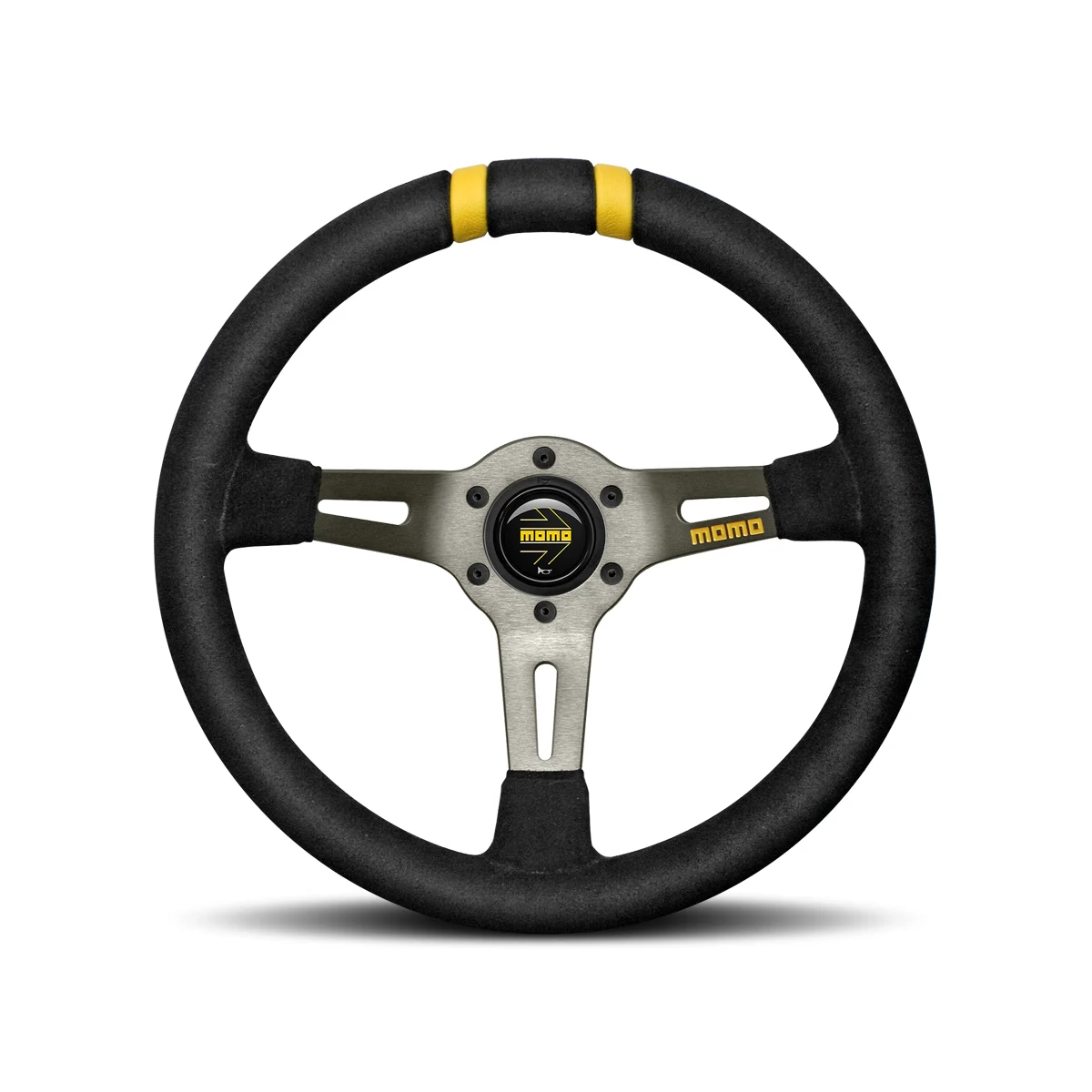 Momo - Mod. Drift, 330mm Round Black Suede Dual Yellow Stripe Racing Steering Wheels in Anthracite Anodized Finish