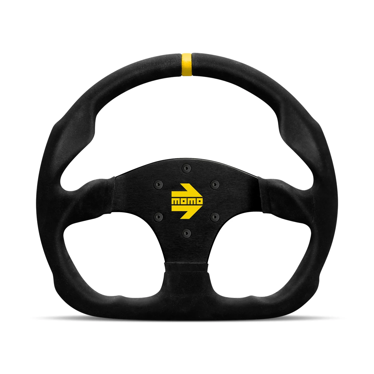 Momo - MOD. 30, Flat Bottom 320mm Black Suede Racing Steering Wheels in Signal Yellow Stripe - Black Anodized Finish
