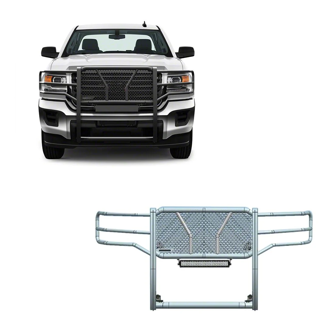 Rugged Grille Guard; Black Steel Modular; Includes 20-Inch LED Light Bar with Wiring Harness, Mounting Brackets and Hardware (15-19 Sierra 2500 HD)