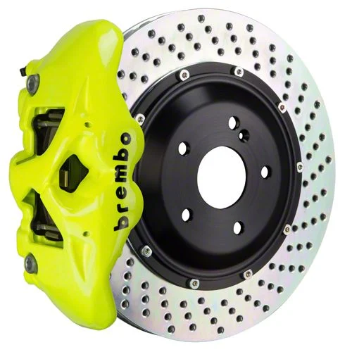 Brembo GT Series 4-Piston Rear Big Brake Kit with 15-Inch 2-Piece Cross Drilled Rotors; Fluorescent Yellow Calipers (2017 F-150 Raptor)