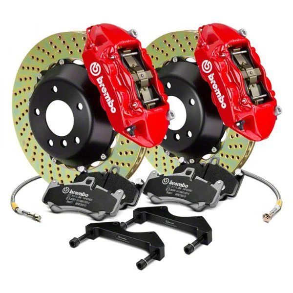 Brembo GT Series 4-Piston Rear Big Brake Kit with 2-Piece Cross Drilled Rotors; Red Calipers (00-06 Silverado 1500)