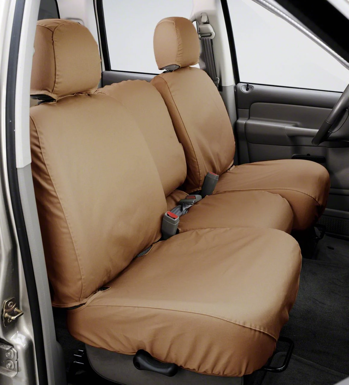 Covercraft Seat Saver Polycotton Custom Front Row Seat Covers; Tan (10-12 RAM 1500 w/ Bench Seat & Under Center Seat Storage & w/o Seat Air Bags)