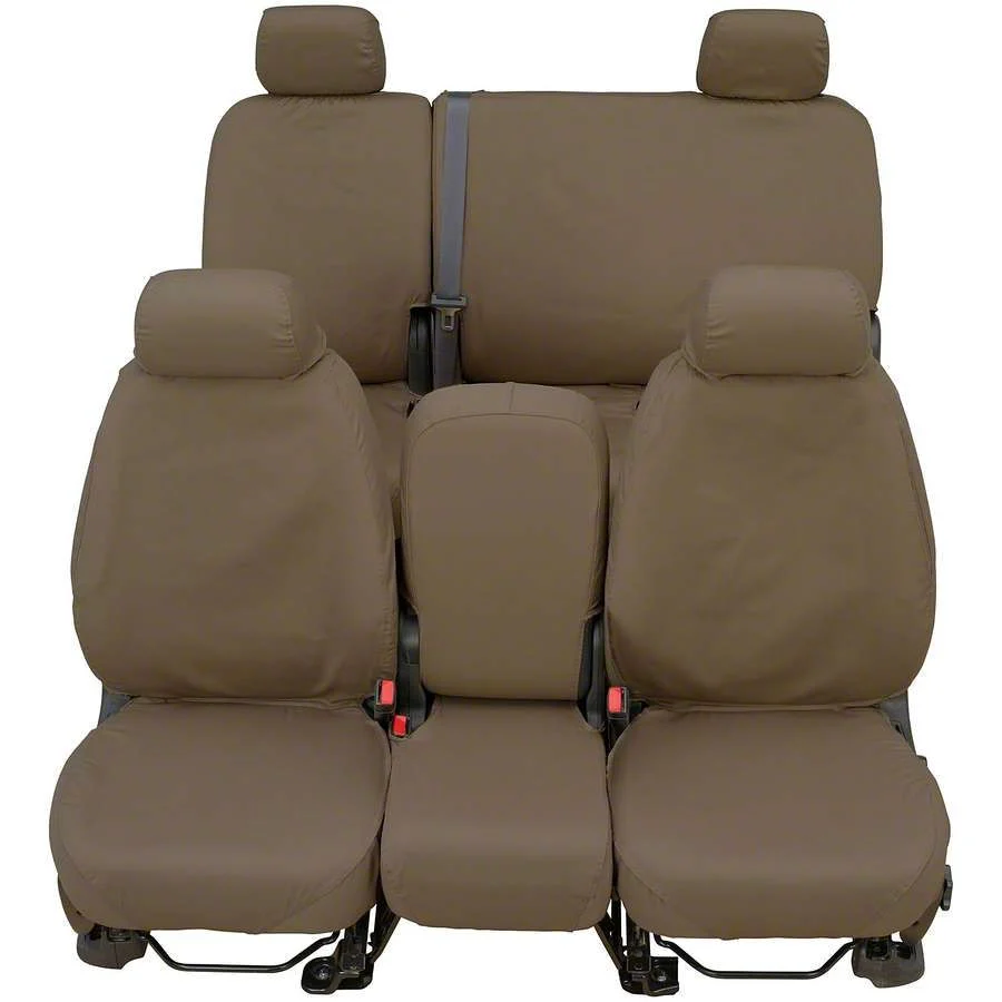 Covercraft Seat Saver Waterproof Polyester Custom Front Row Seat Covers; Taupe (14-18 RAM 2500 w/ Bench Seat & Fold-Down Center Console, Lid w/ 3 Cupholders & Seat Airbags)