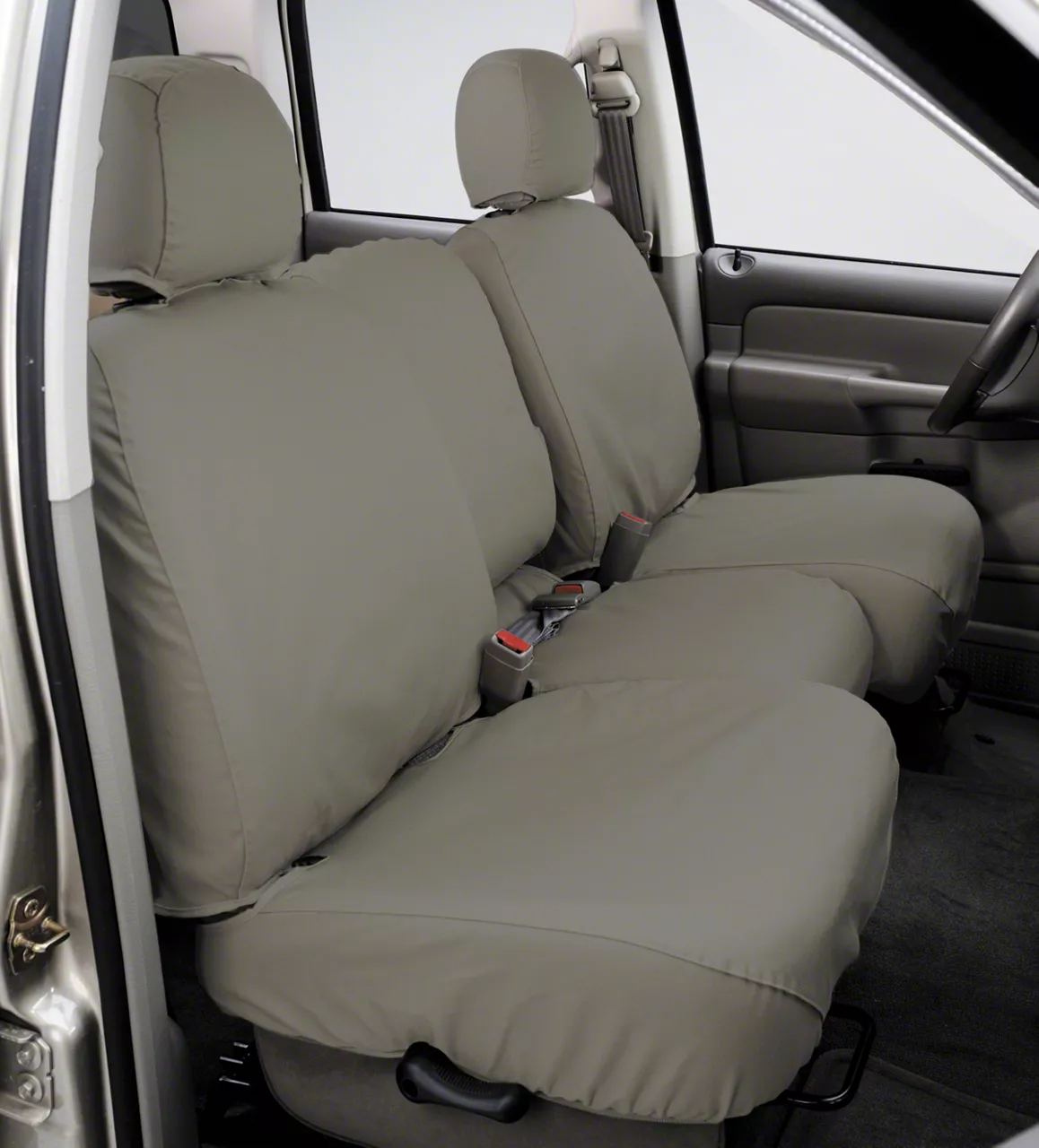 Covercraft Seat Saver Polycotton Custom Front Row Seat Covers; Misty Gray (17-18 RAM 3500 w/ Bench Seat, Fold-Down Center Console & Floor-Mounted Storage Tray)