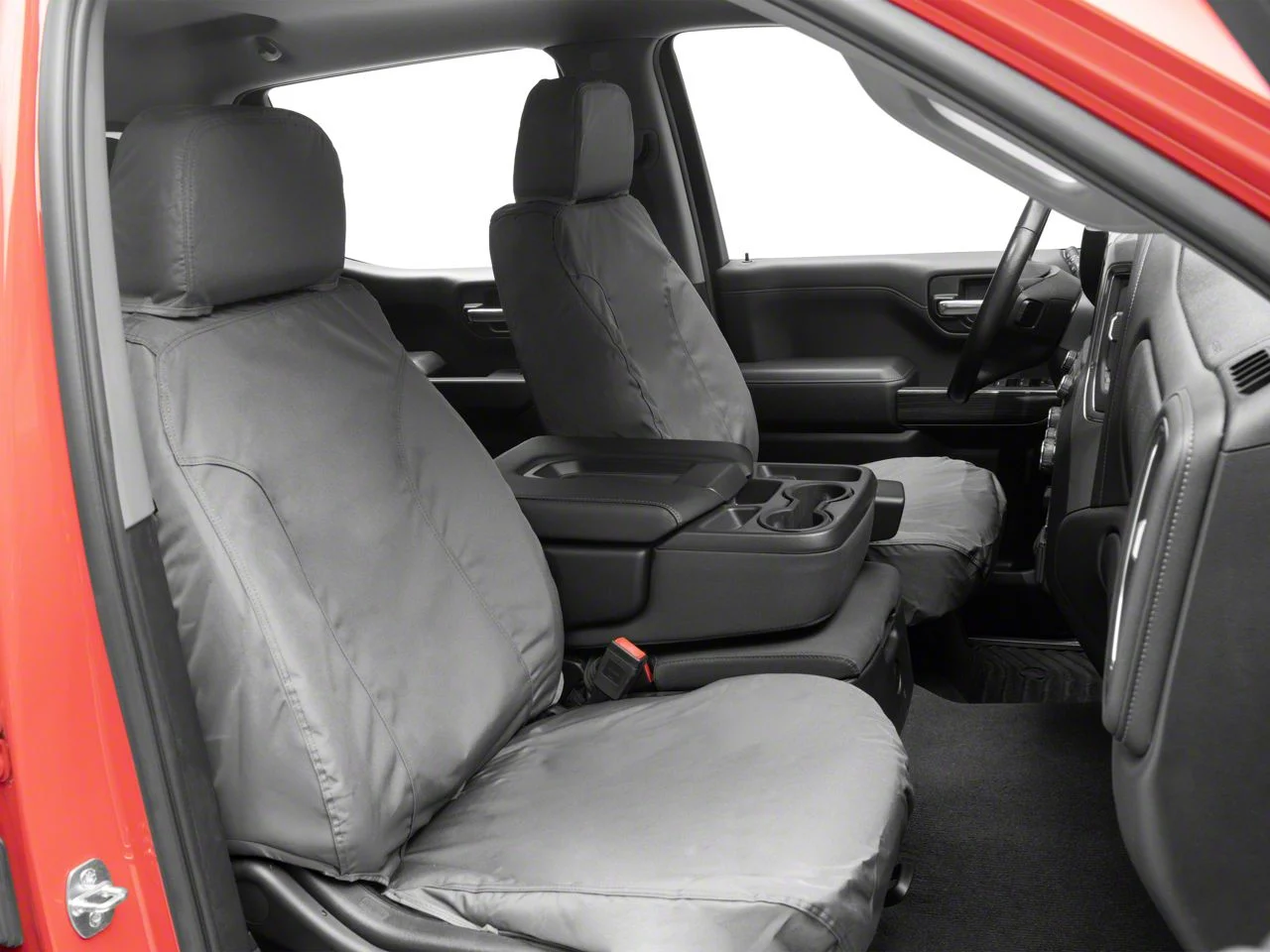 Covercraft Seat Saver Waterproof Polyester Custom Front Row Seat Covers; Gray (20-26 Sierra 2500 HD w/ Bench Seat & Fold-Down Console w/ Lid & Under Center Seat Storage)