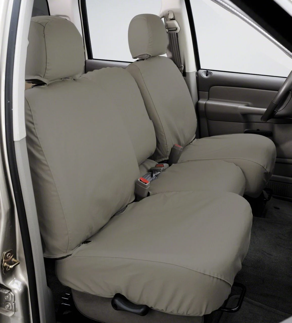 Covercraft Seat Saver Polycotton Custom Front Row Seat Covers; Misty Gray (20-26 Silverado 2500 HD w/ Bench Seat & Fold-Down Console w/ Lid & w/o Under Center Seat Storage)