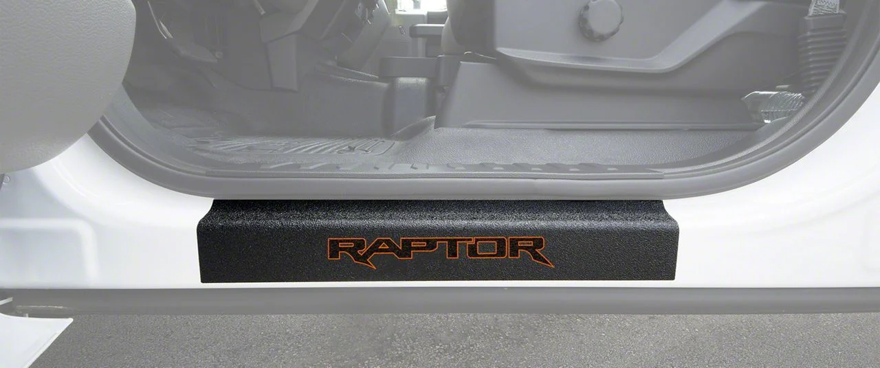 Front Door Sill Protection with Raptor Logo; TUF-LINER Black; Black and Orange (15-26 F-150)