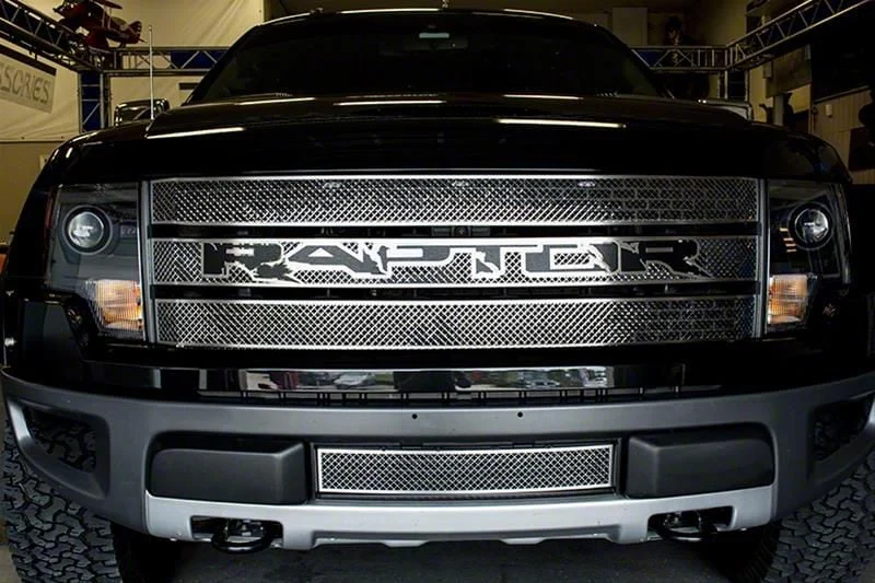 Laser Mesh Upper Grille Overlay with Raptor Logo; Black Brushed (10-14 F-150 Raptor)