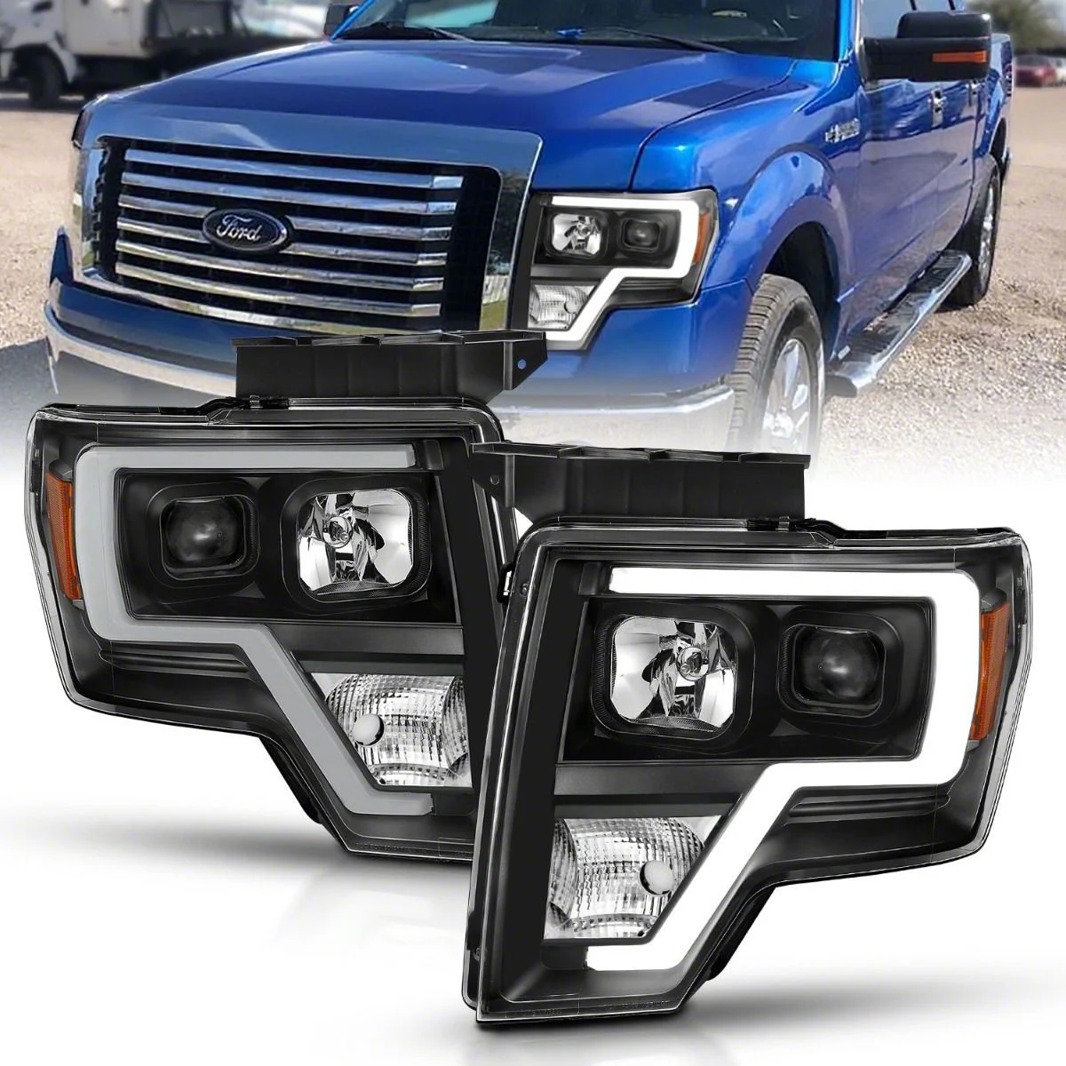 Plank Style Light Bar Projector Headlights; Black Housing; Clear Lens (09-14 F-150 w/ Factory Halogen Headlights)
