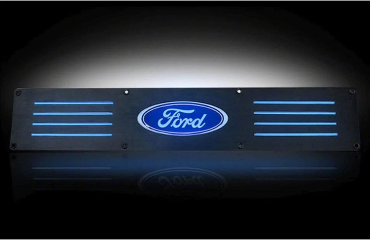 Billet Front Door Sill Plates with Ford Logo; Black Finish with Blue Illumination (11-16 F-350 Super Duty)