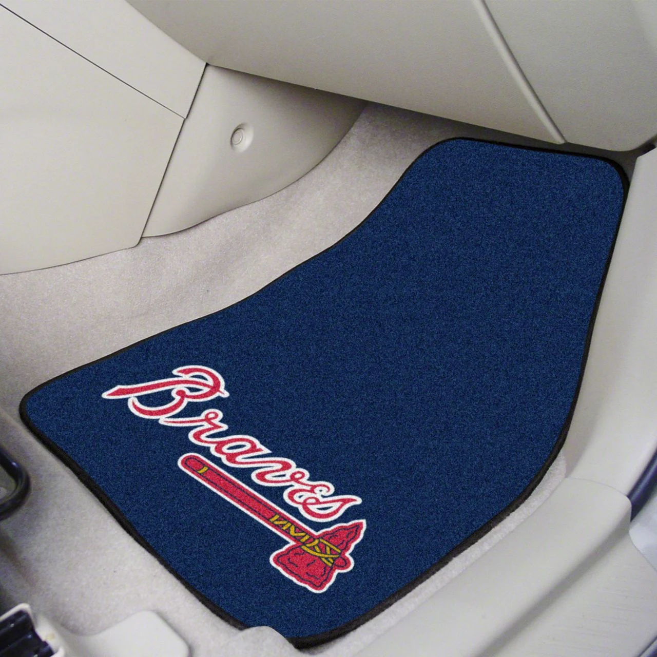 Carpet Front Floor Mats with Atlanta Braves Logo; Navy (Universal; Some Adaptation May Be Required)