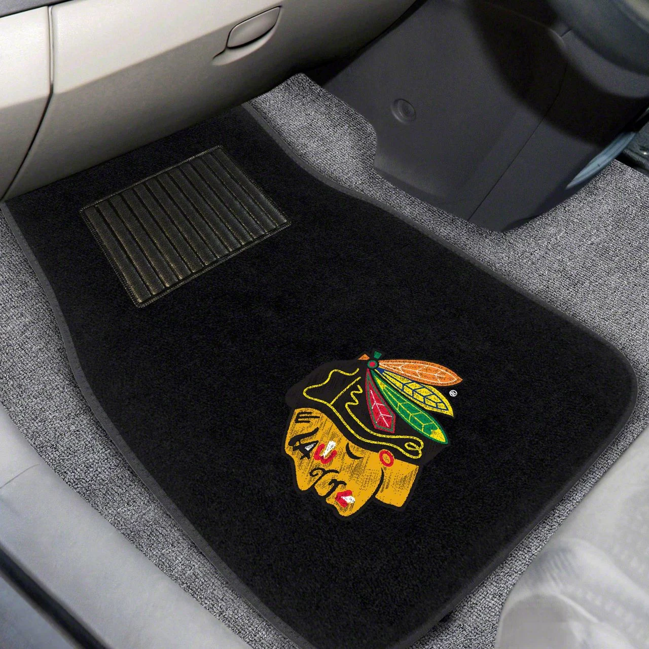 Embroidered Front Floor Mats with Chicago Blackhawks Logo; Black (Universal; Some Adaptation May Be Required)