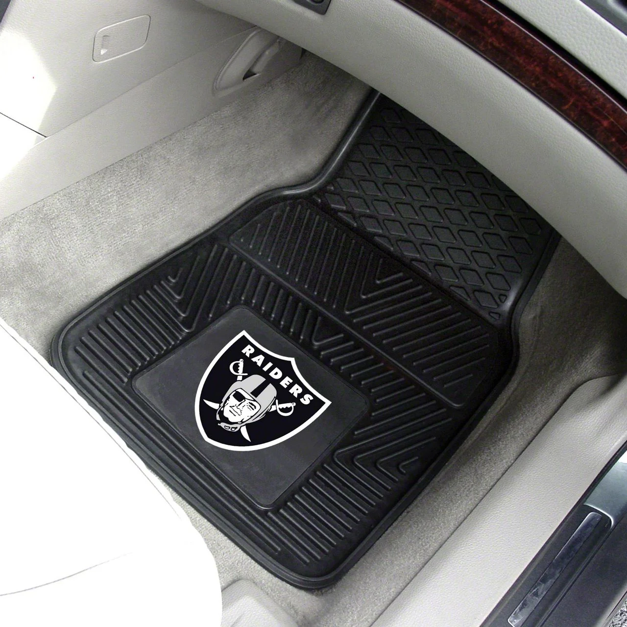 Vinyl Front Floor Mats with Las Vegas Raiders Logo; Black (Universal; Some Adaptation May Be Required)