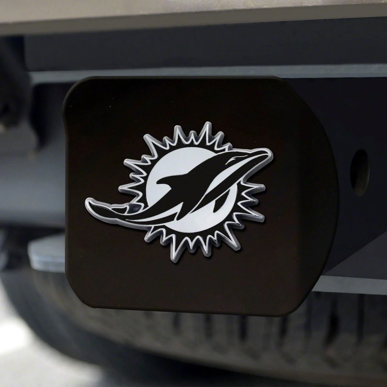 Hitch Cover with Miami Dolphins Logo; Black (Universal; Some Adaptation May Be Required)