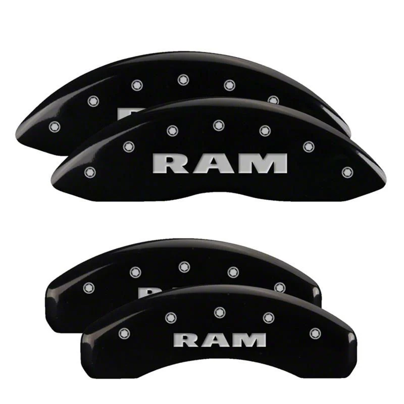 MGP Brake Caliper Covers with RAM Logo; Black; Front and Rear (19-26 RAM 1500 w/ Standard Rear Calipers)
