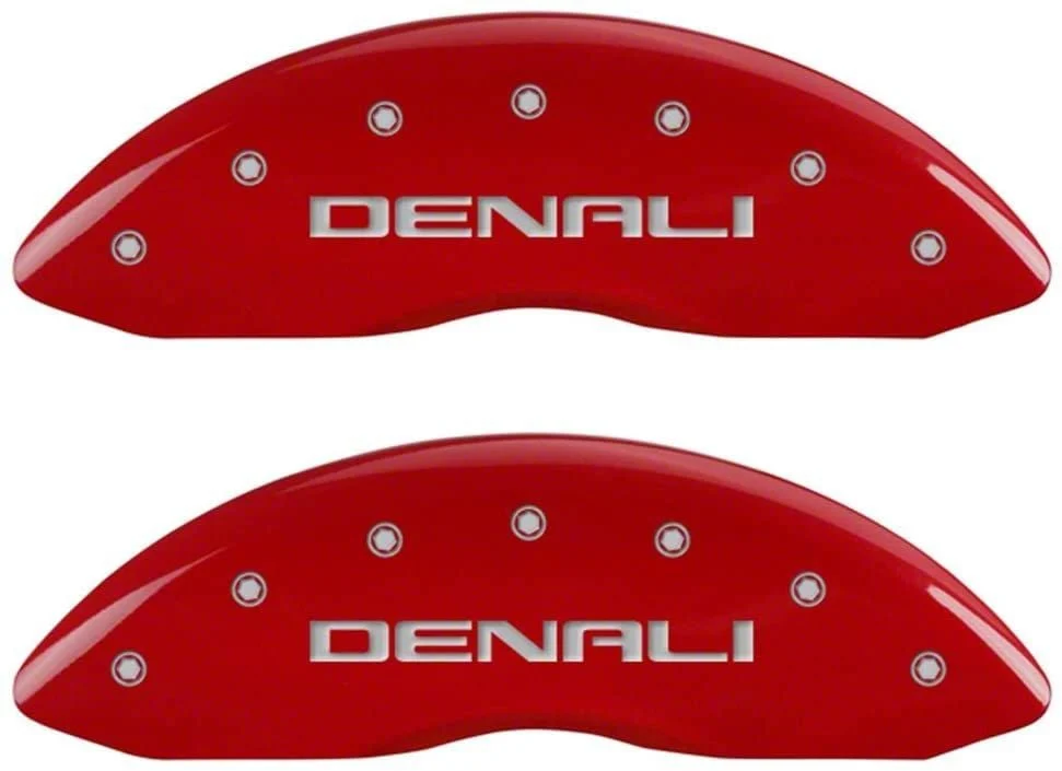 MGP Brake Caliper Covers with Denali Logo; Red; Front and Rear (00-06 4WD Sierra 1500 w/ Dual Piston Rear Calipers)