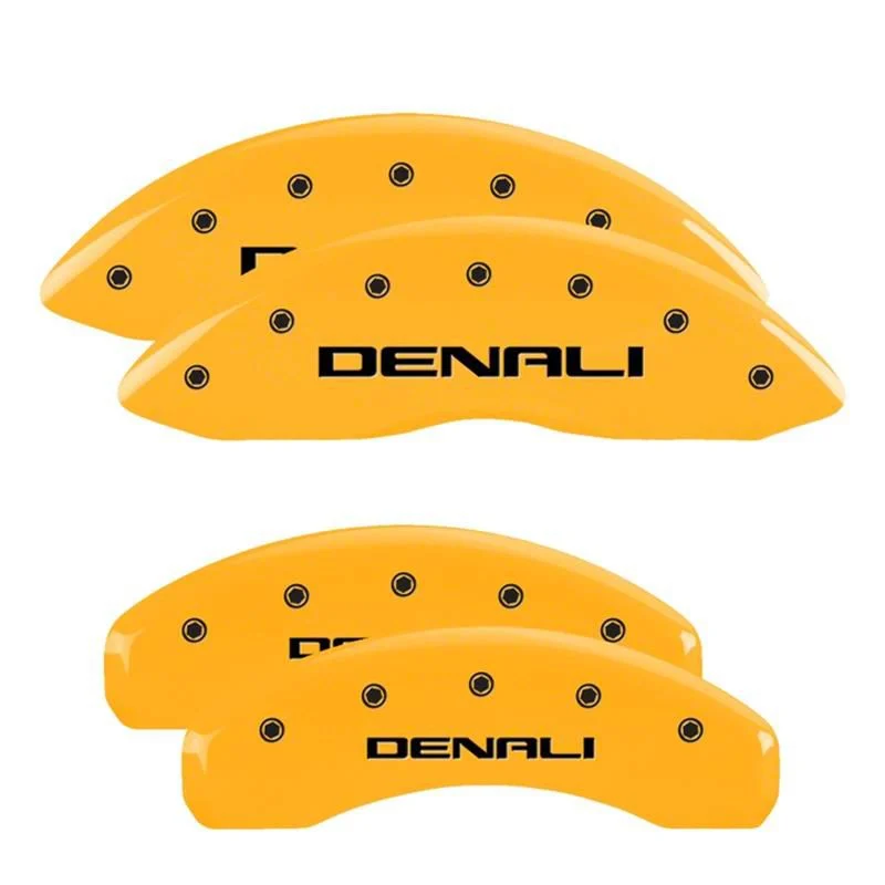 MGP Brake Caliper Covers with Denali Logo; Yellow; Front and Rear (00-06 4WD Sierra 1500 w/ Dual Piston Rear Calipers)