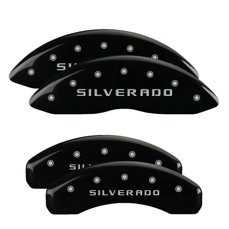 MGP Brake Caliper Covers with Silverado Logo; Black; Front and Rear (19-26 Silverado 1500)