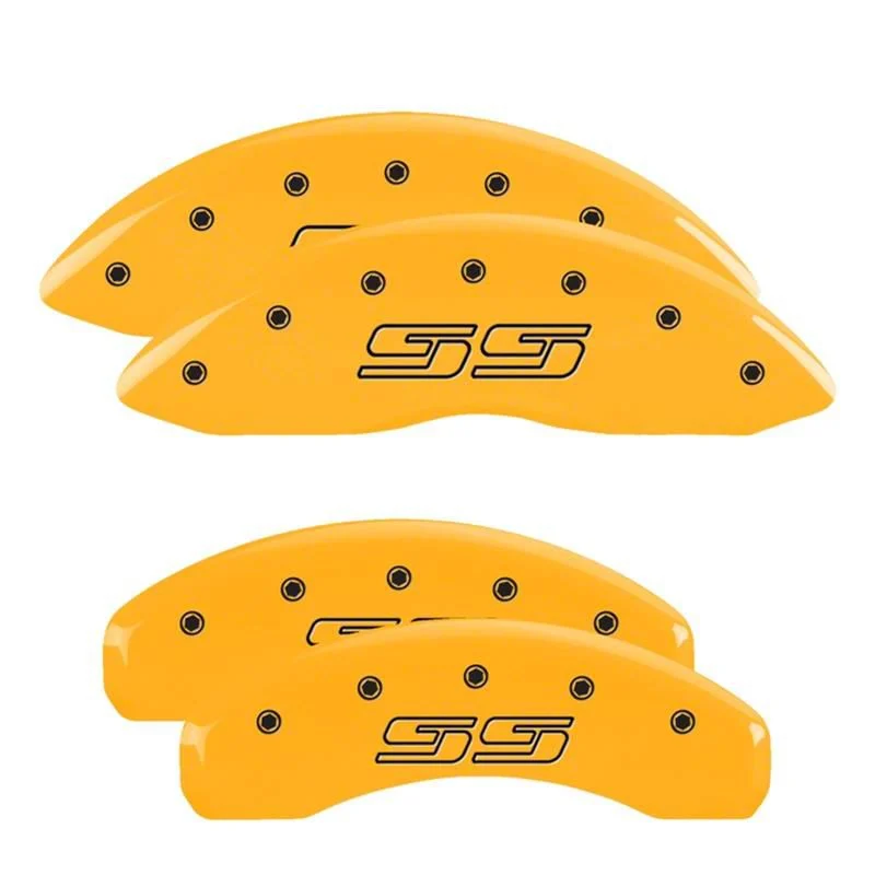 MGP Brake Caliper Covers with Avalanche Style SS Logo; Yellow; Front and Rear (00-06 Silverado 1500 w/ Dual Piston Rear Calipers)