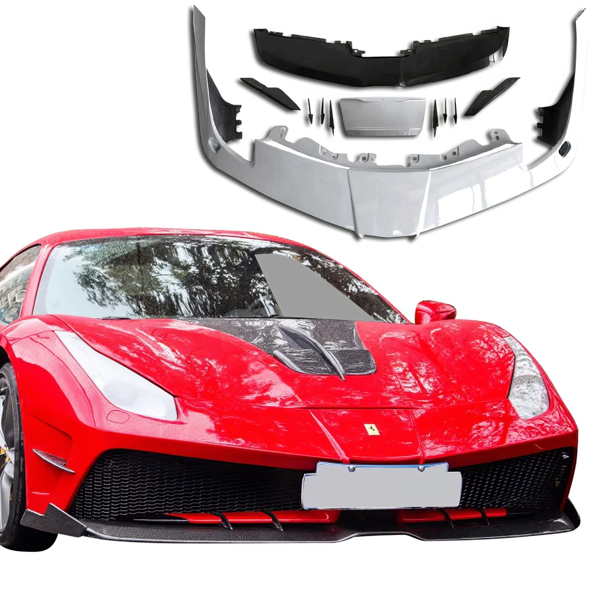 Partial Carbon Fiber MDES Front Bumper w Splitter > Ferrari 488 GTB (F142M) 2016-2019 - 120119