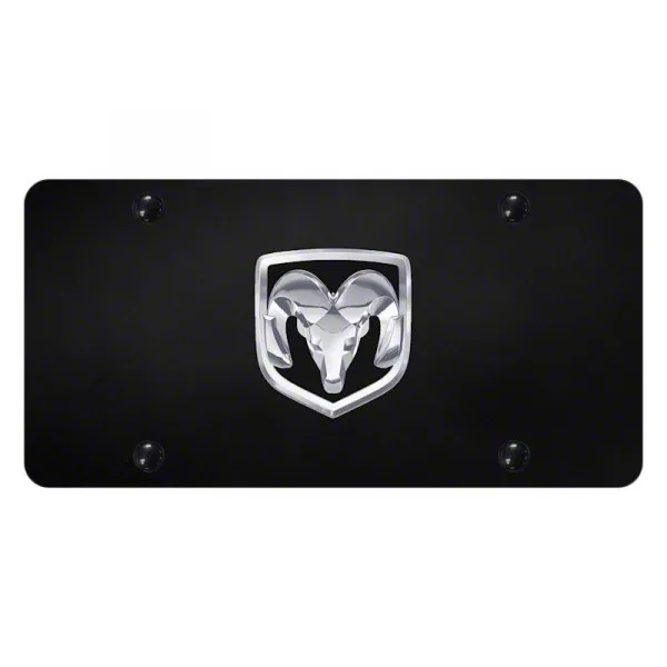 RAM OEM Logo License Plate; Chrome on Black (Universal; Some Adaptation May Be Required)