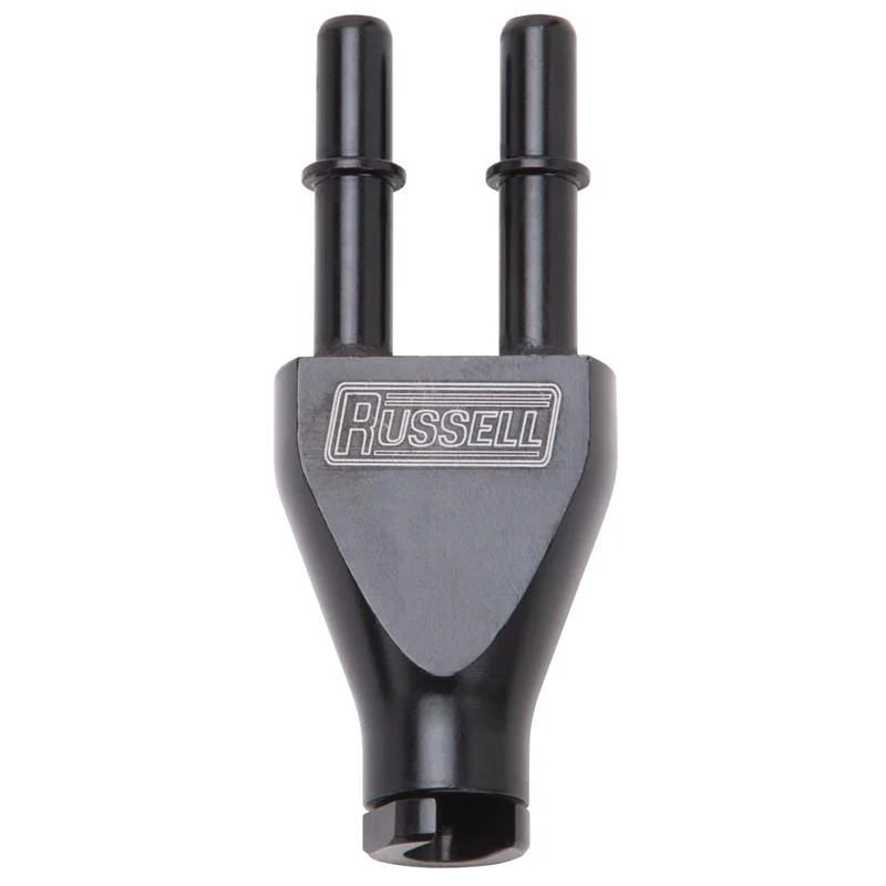 Russell Adapter Y-Block 3/8in Sae Quick Disconnect Female To 2X 3/8in Sae Qd Male Blk Anodized