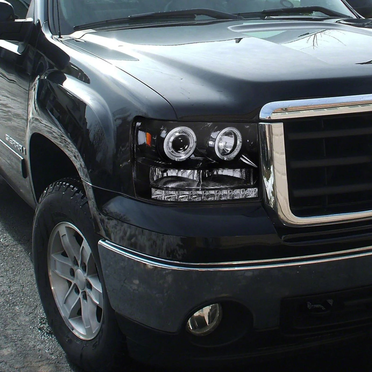 Dual Halo Projector Headlights; Gloss Black Housing; Smoked Lens (07-13 Sierra 1500)