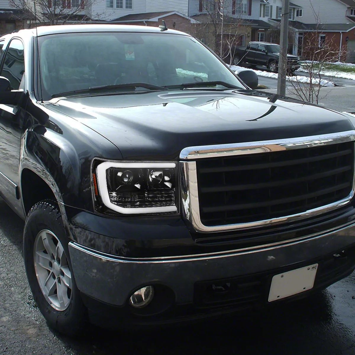 LED DRL Projector Headlights; Gloss Black Housing; Clear Lens (07-13 Sierra 1500)
