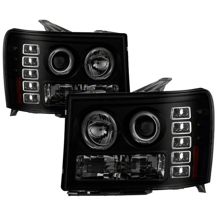LED Halo Projector Headlights; Black Housing; Smoked Lens (07-13 Sierra 1500)