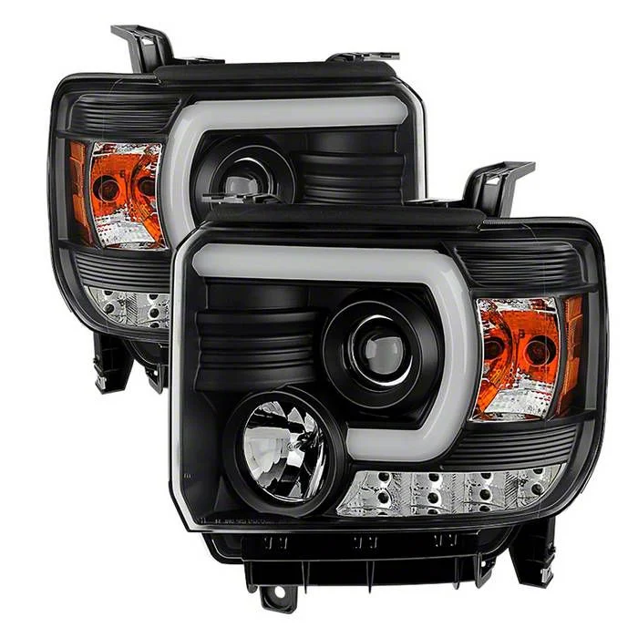 Light Bar DRL Projector Headlights; Black Housing; Clear Lens (14-18 Sierra 1500 w/ Factory Halogen Non-LED DRL Headlights)