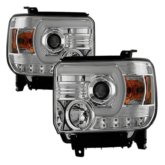 Light Bar DRL Projector Headlights; Chrome Housing; Clear Lens (14-18 Sierra 1500 w/ Factory Halogen Non-LED DRL Headlights)