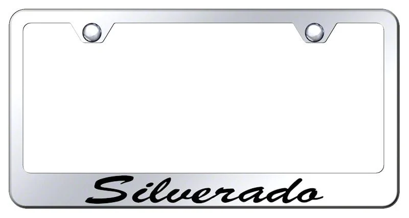 Silverado Script Laser Etched License Plate Frame; Mirrored (Universal; Some Adaptation May Be Required)