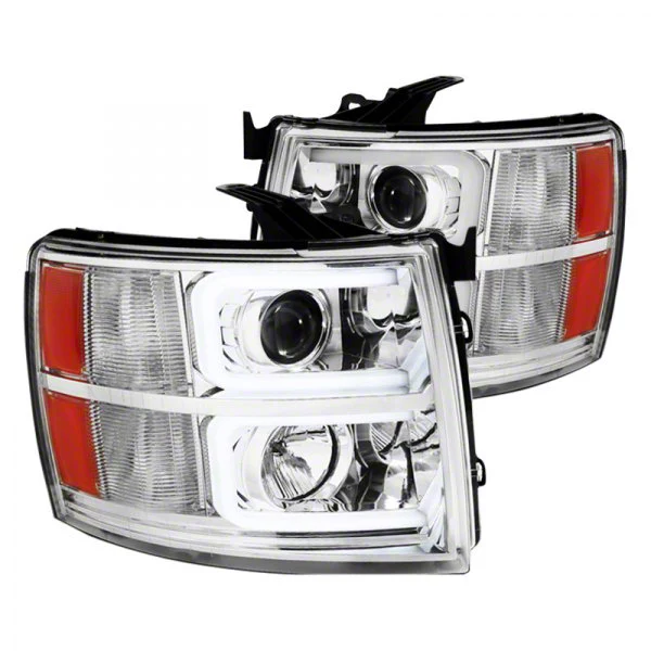 Dual LED C-Bar Projector Headlights; Chrome Housing; Clear Lens (07-13 Silverado 1500)