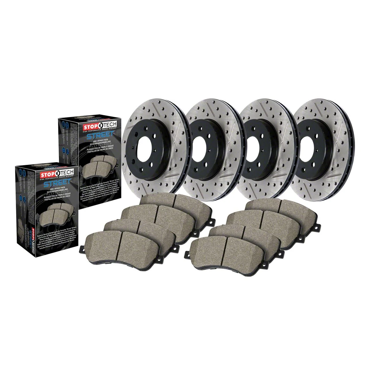 StopTech Street Axle Drilled and Slotted 8-Lug Brake Rotor and Pad Kit; Front and Rear (12-22 4WD F-350 Super Duty SRW)