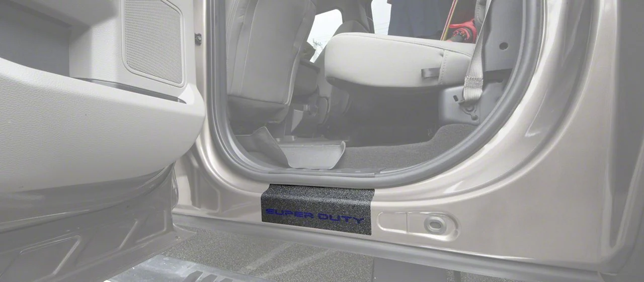 Rear Door Sill Protection with Super Duty Logo; TUF-LINER Black; Black and Blue (17-26 F-250 Super Duty SuperCrew)