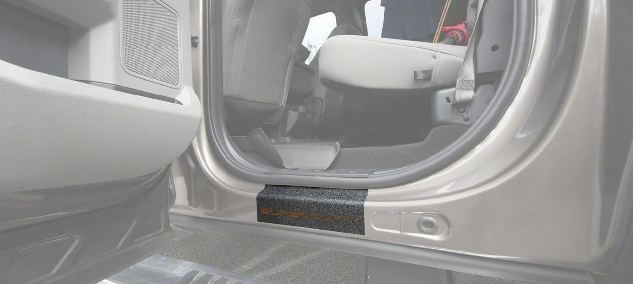 Rear Door Sill Protection with Super Duty Logo; TUF-LINER Black; Black and Orange (17-26 F-250 Super Duty SuperCrew)