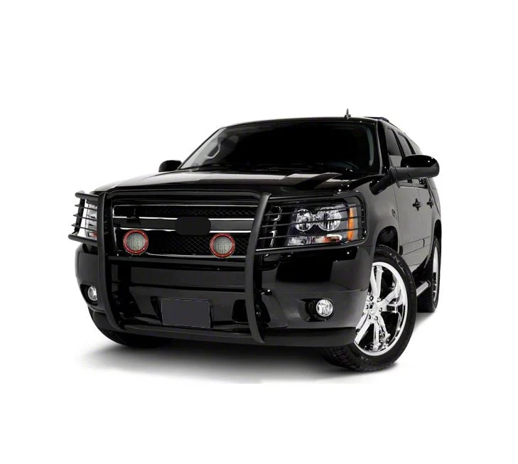 Grille Guard with 5.30-Inch Red Round Flood LED Lights; Black (07-14 Tahoe, Excluding Hybrid)
